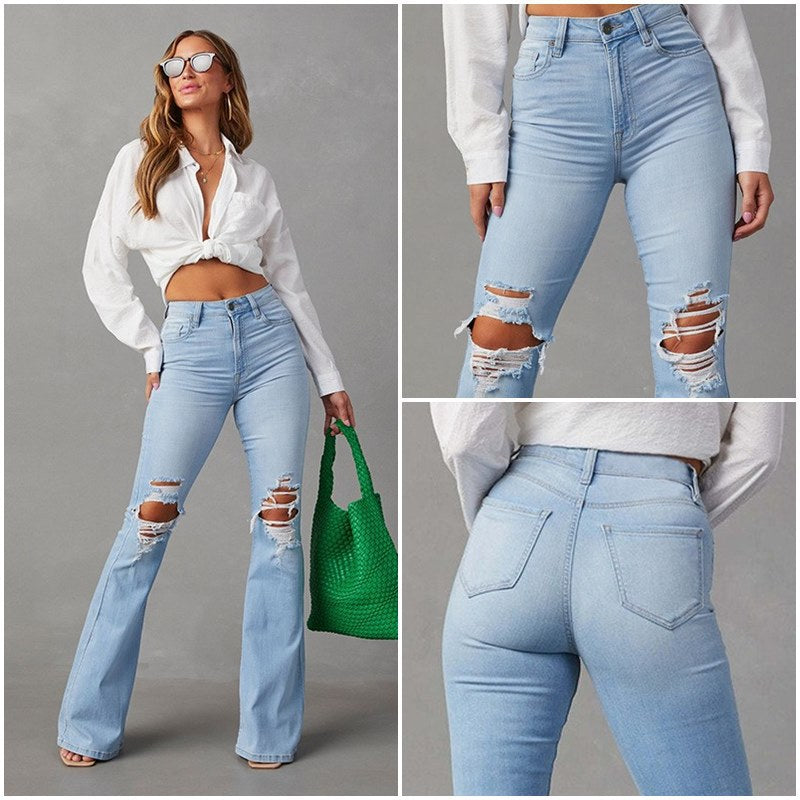 Women's High-Waist Flared Jeans with Distressing