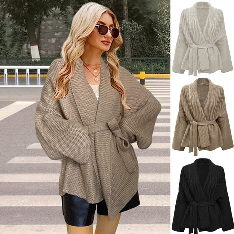Women's Chunky Knit Cardigan with Modern Wrap Design and Wide Collar