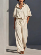 Women's Casual Lounge Set with Half-Zip Hoodie and Wide Palazzo Pants
