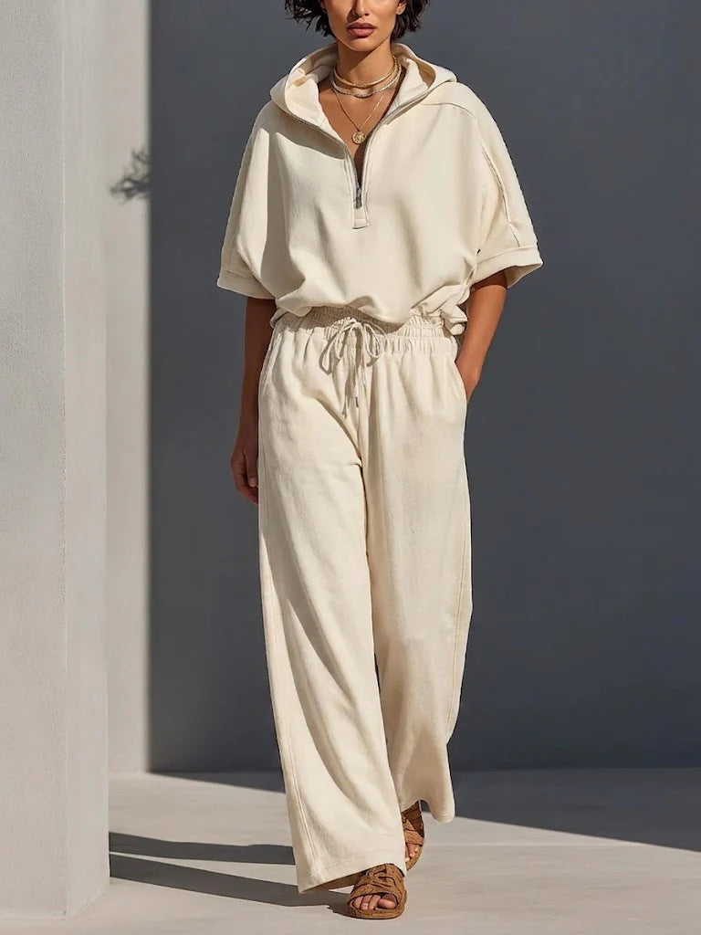 Women's Casual Lounge Set with Half-Zip Hoodie and Wide Palazzo Pants