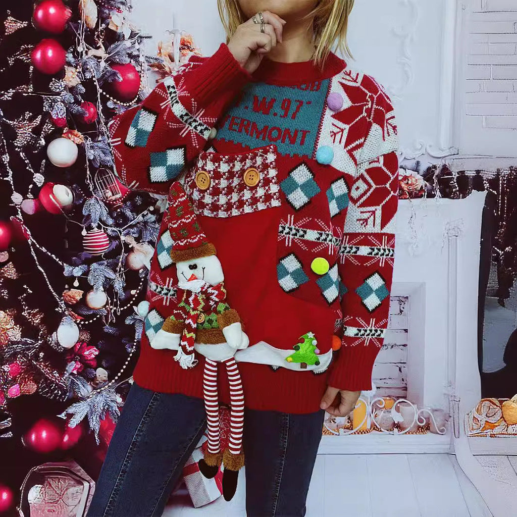 Women's Festive Sweater with Winter Snowman Motif and Decorative Details