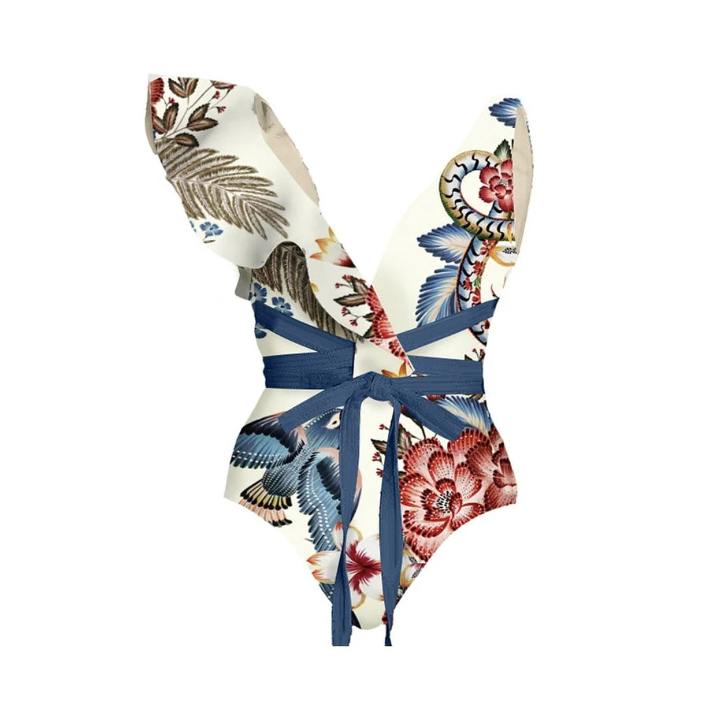 Women's Floral Ruffle Swimsuit Set with High-Waisted Shorts