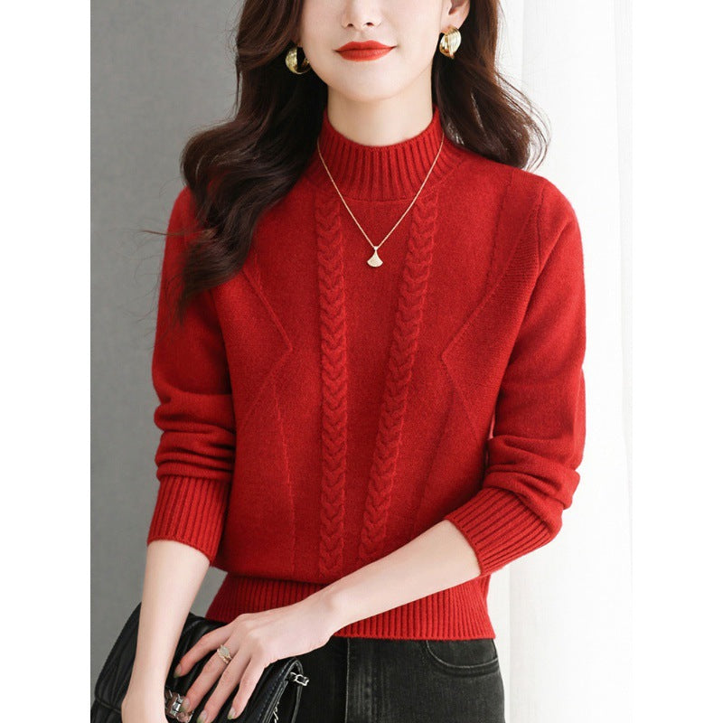 Women's Chunky Knit Sweater with Cable Pattern and High Neck