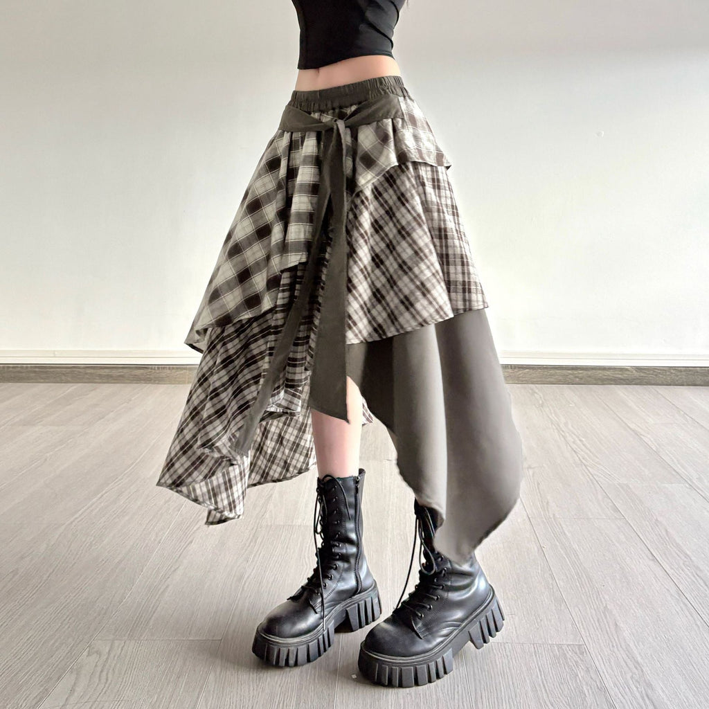 Women's Asymmetric Wrap Skirt with Plaid Pattern and Wide Tie Belt