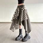 Women's Asymmetric Wrap Skirt with Plaid Pattern and Wide Tie Belt