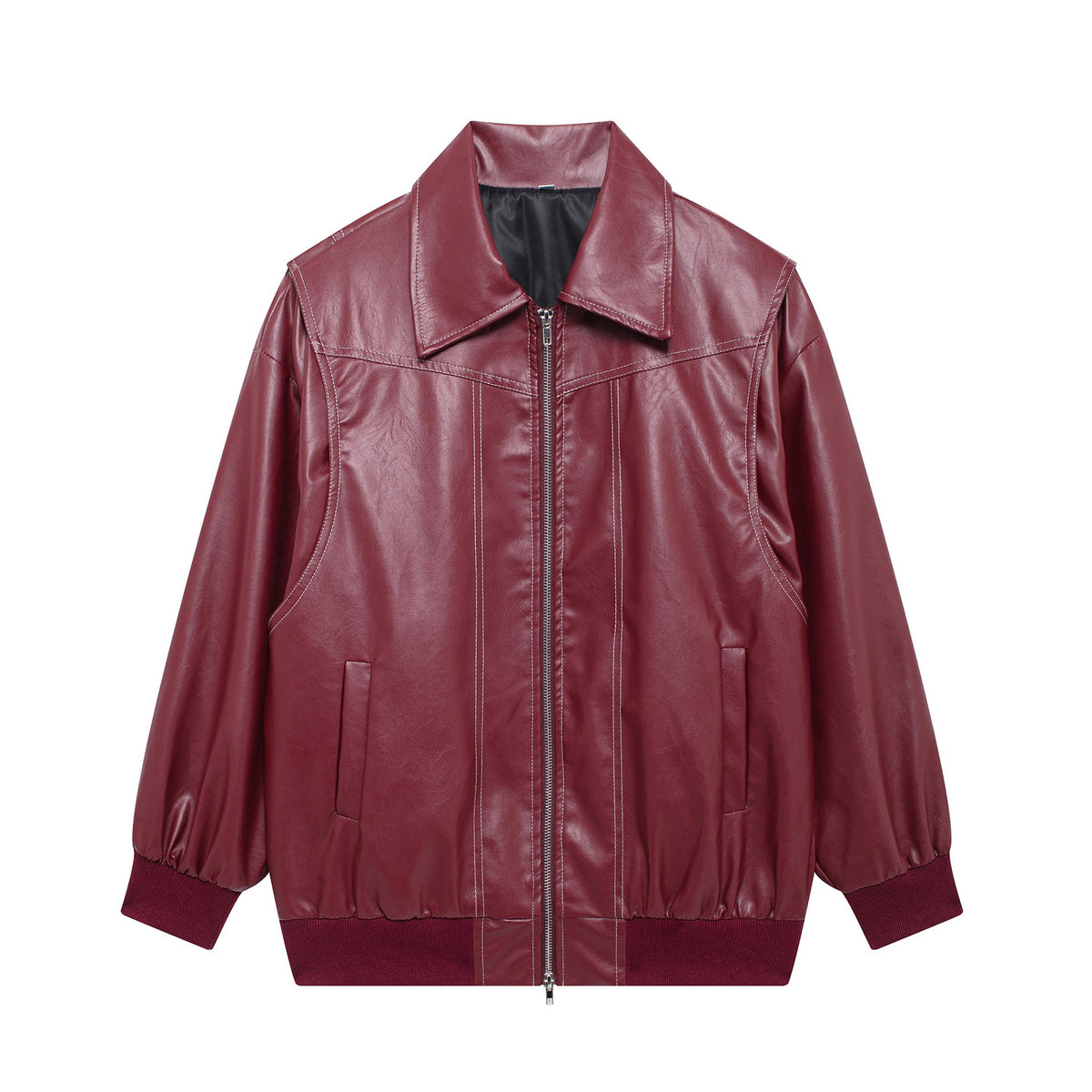 Women's Elegant Faux Leather Jacket with High Collar and Elastic Cuffs