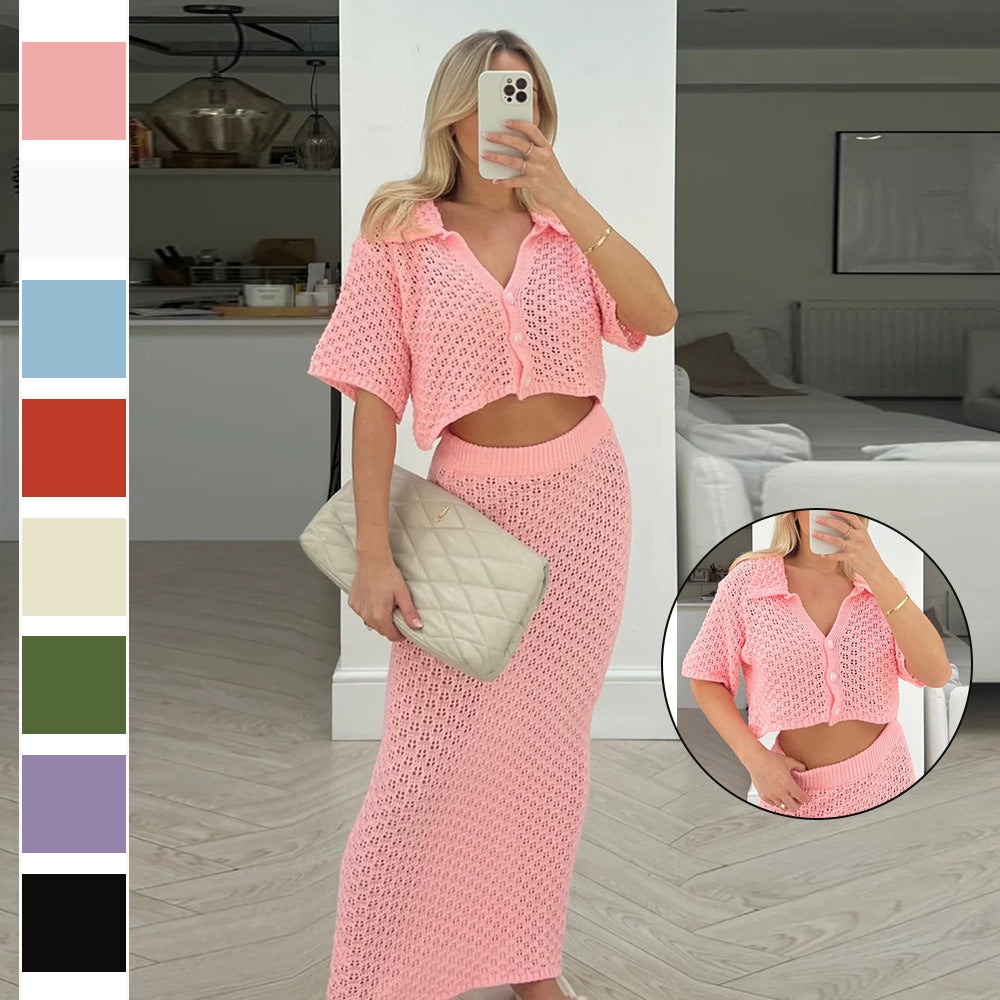 Women's Casual Knit Set with Cropped Jacket and Wrap Skirt