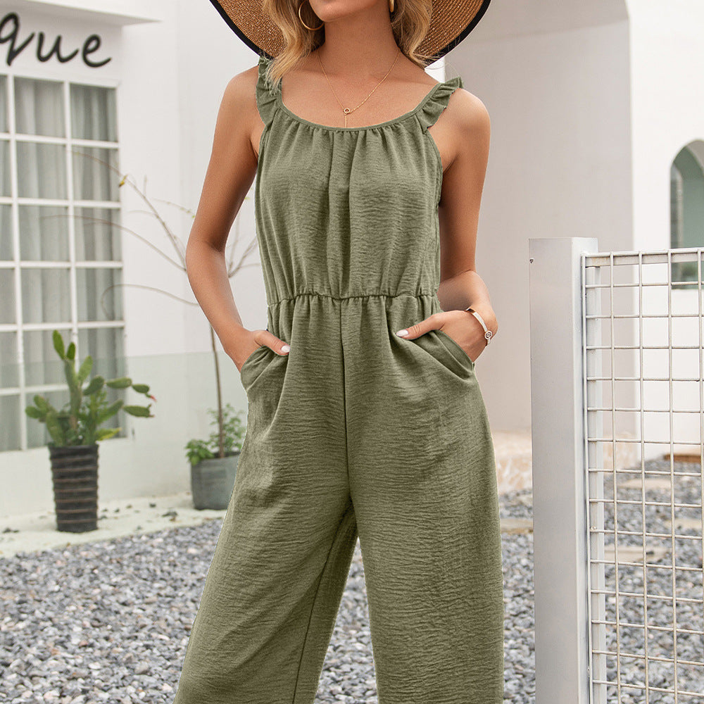 Women's Airy Jumpsuit with Ruffle Hems and Fitted Waistband