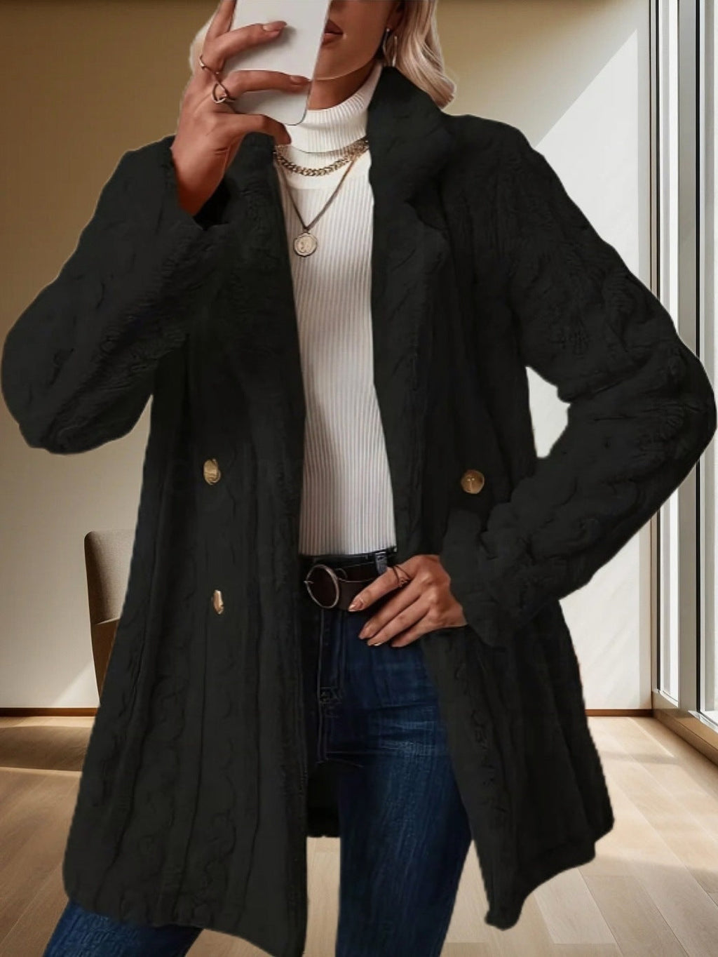 Women's Fashionable Chunky Knit Coat with Double-Button Details