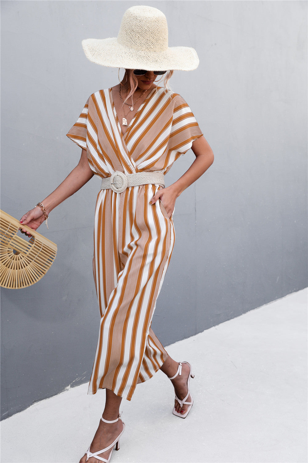 Elegant V-Neck Jumpsuit with Wide Sleeves and Striped Design