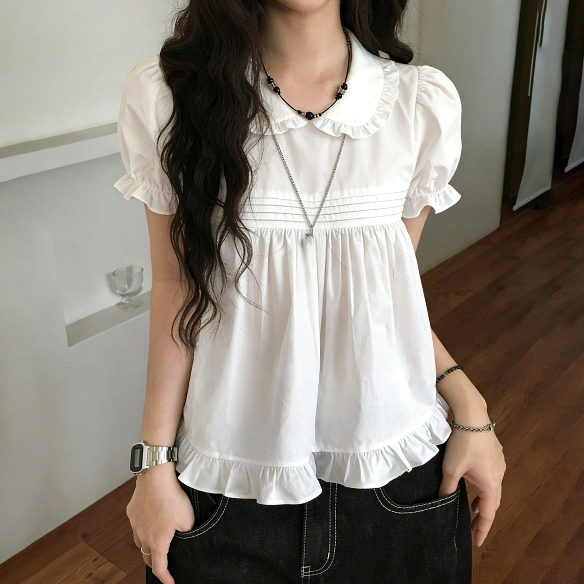Women's Blouse with Ruffles and Elegant Collar