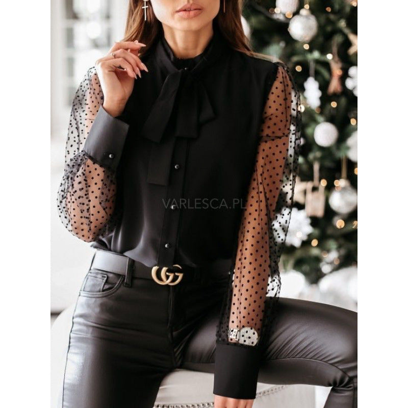 Women's Blouse with Sheer Puff Sleeves and Delicate Bow Detail