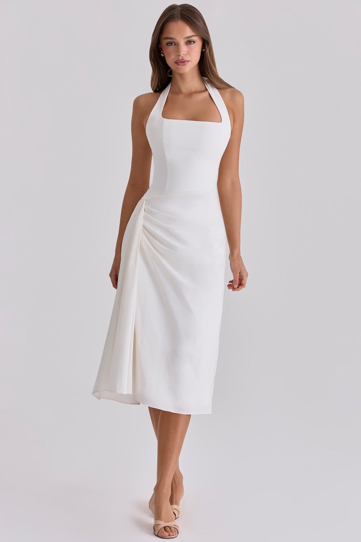 Women's Cocktail Dress with Side Draping and Halterneck Design