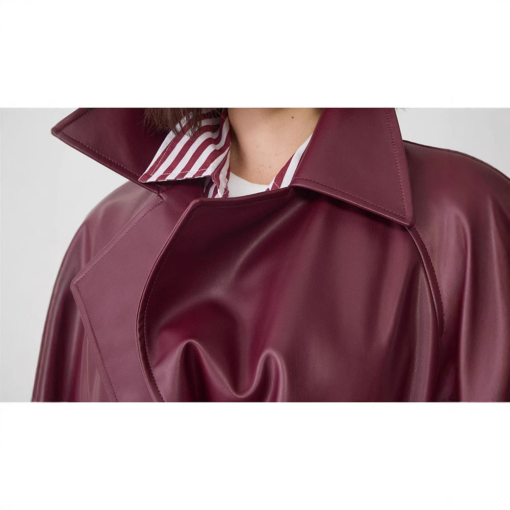 Women's Faux Leather Trench Coat with Elegant Cut