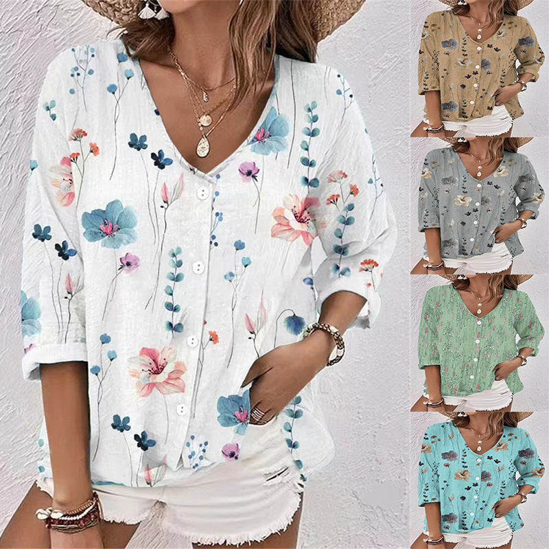 Women's Casual Floral Blouse with Button Details