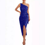 Women's Asymmetrical Evening Dress with Sequins and High Slit