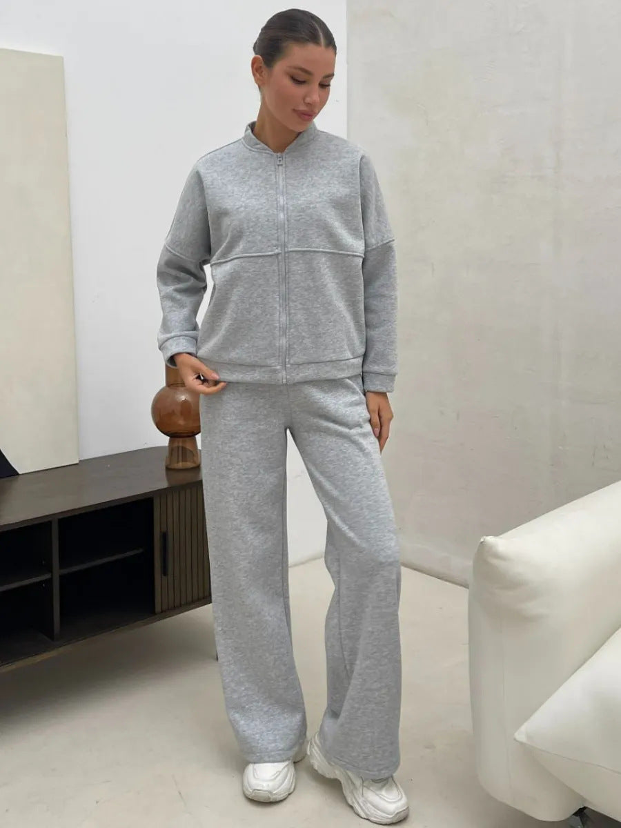 Women's Casual Zip Lounge Set with Stand Collar and Wide High-Waist Joggers