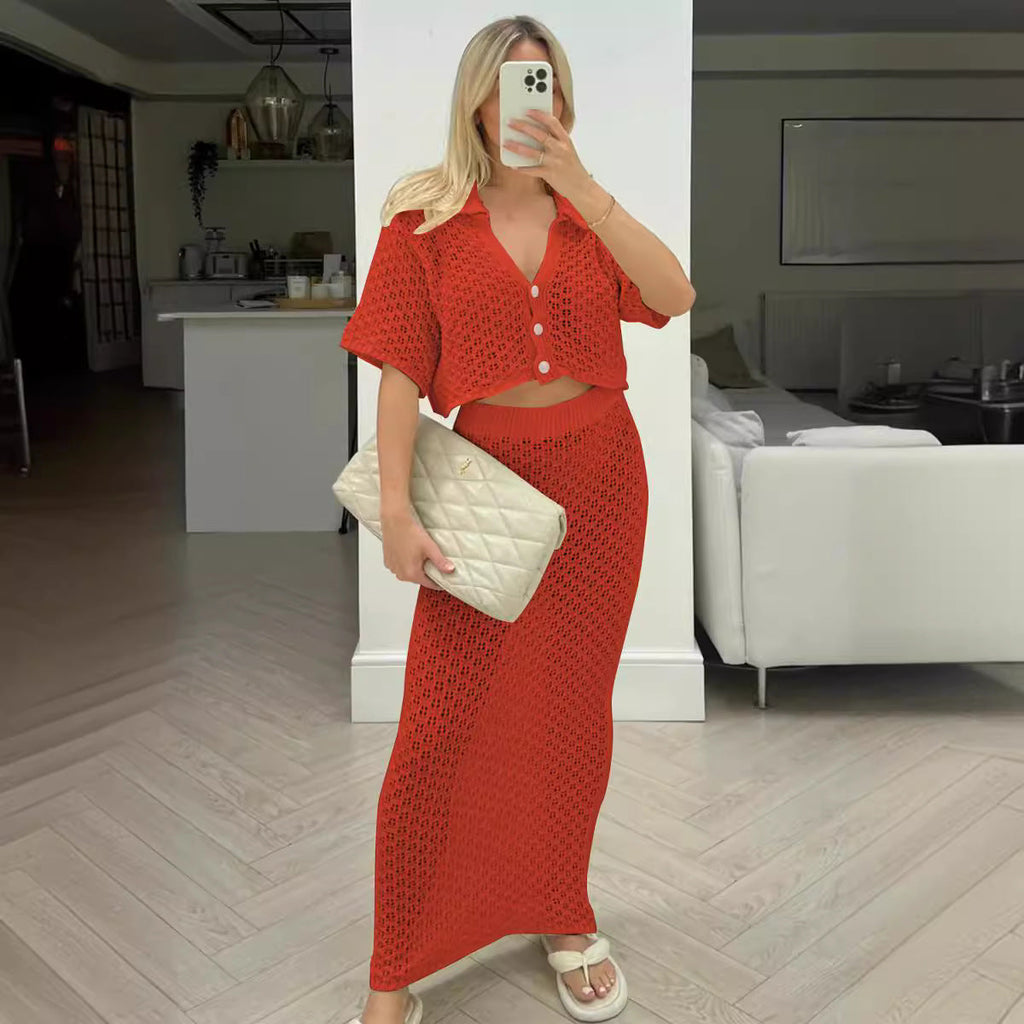 Women's Casual Knit Set with Cropped Jacket and Wrap Skirt