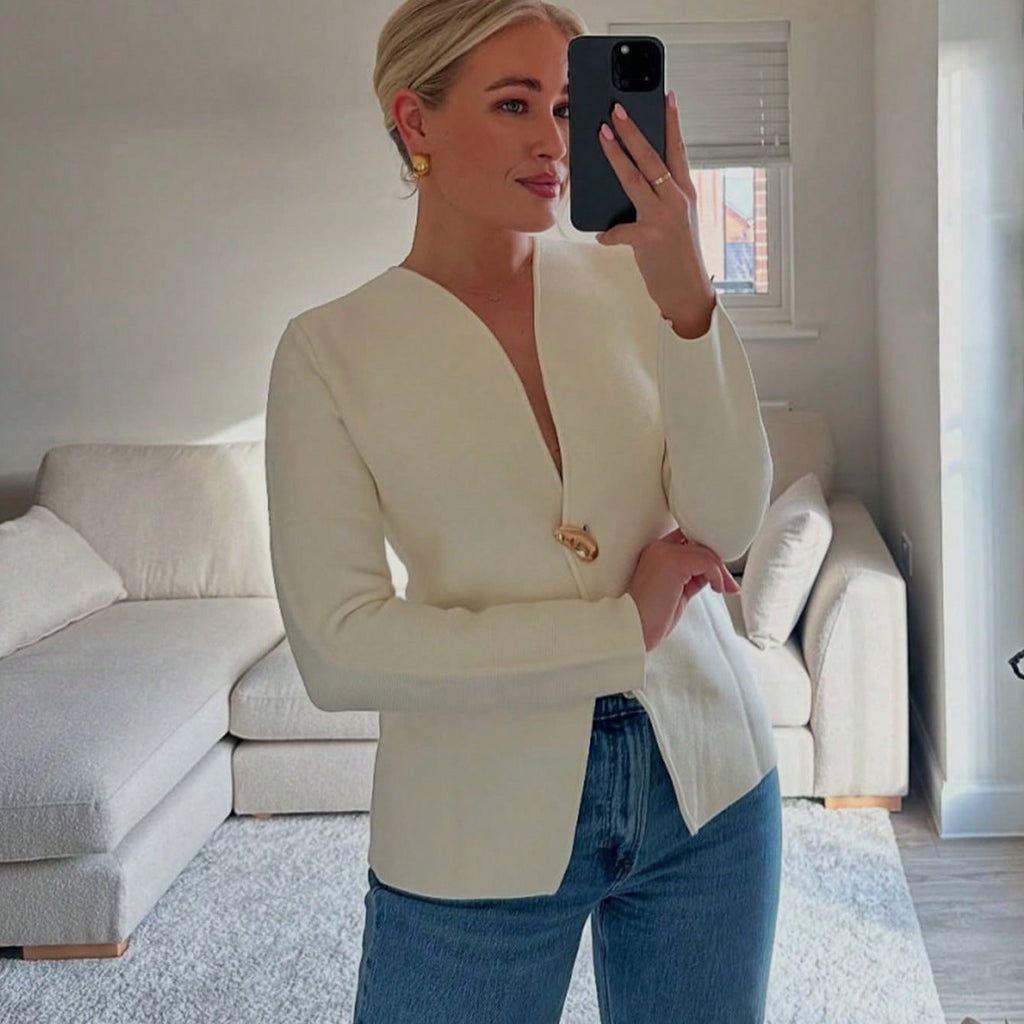 Women's Elegant Asymmetric Blazer with Statement Button