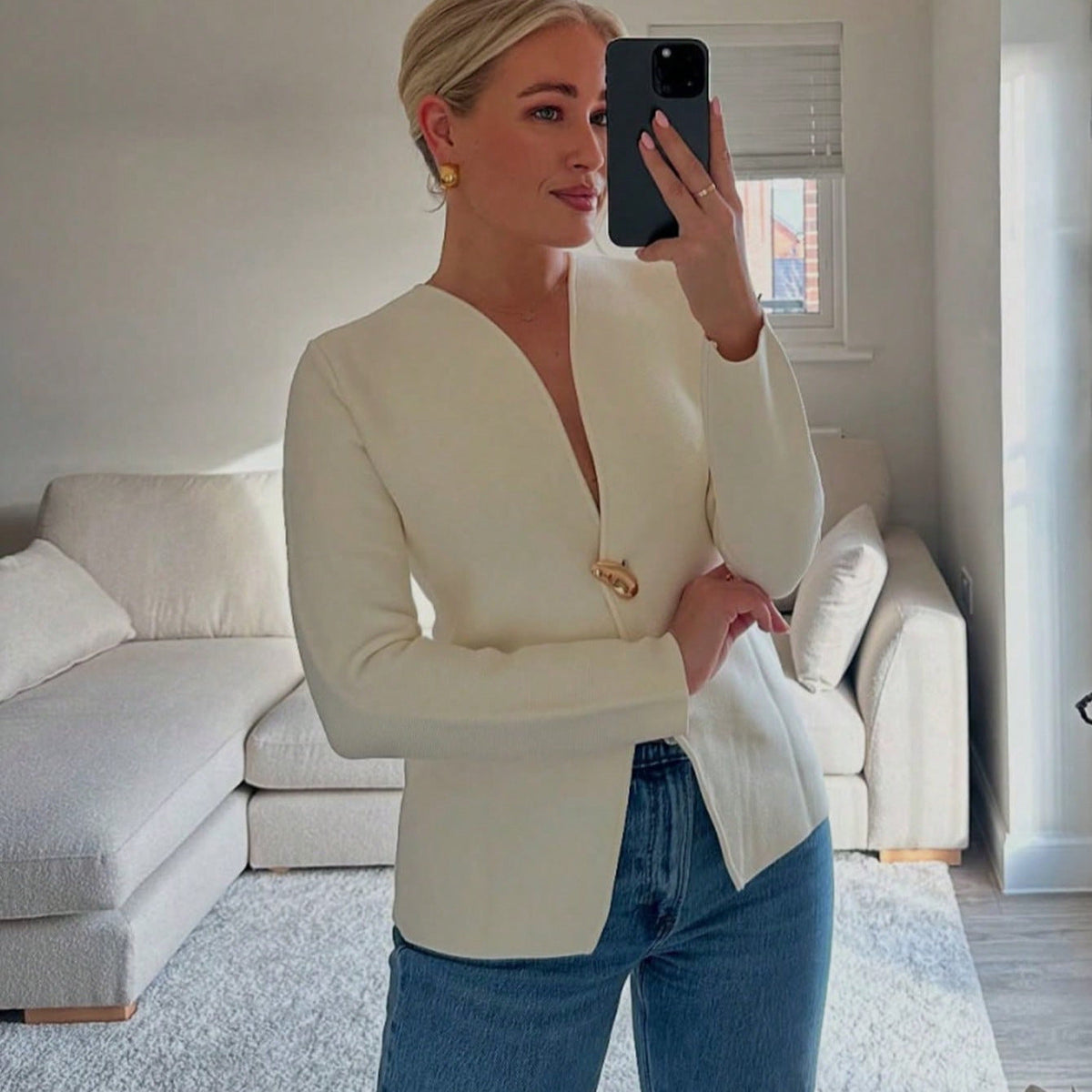 Women's Elegant Asymmetric Blazer with Statement Button