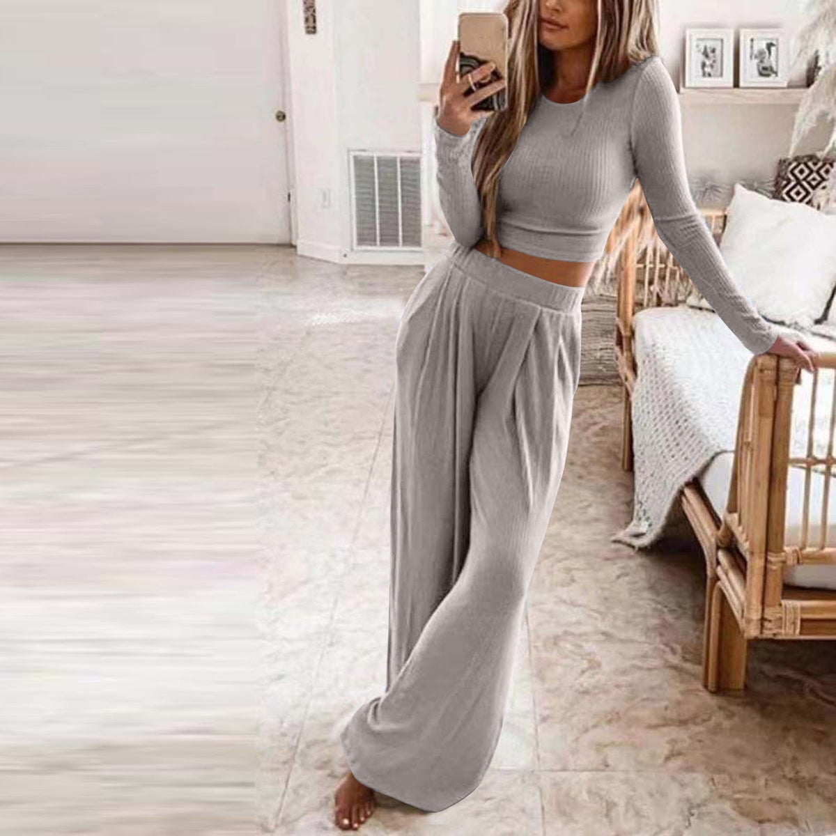 Women's Elegant Long-Sleeve Wide-Leg Lounge Set