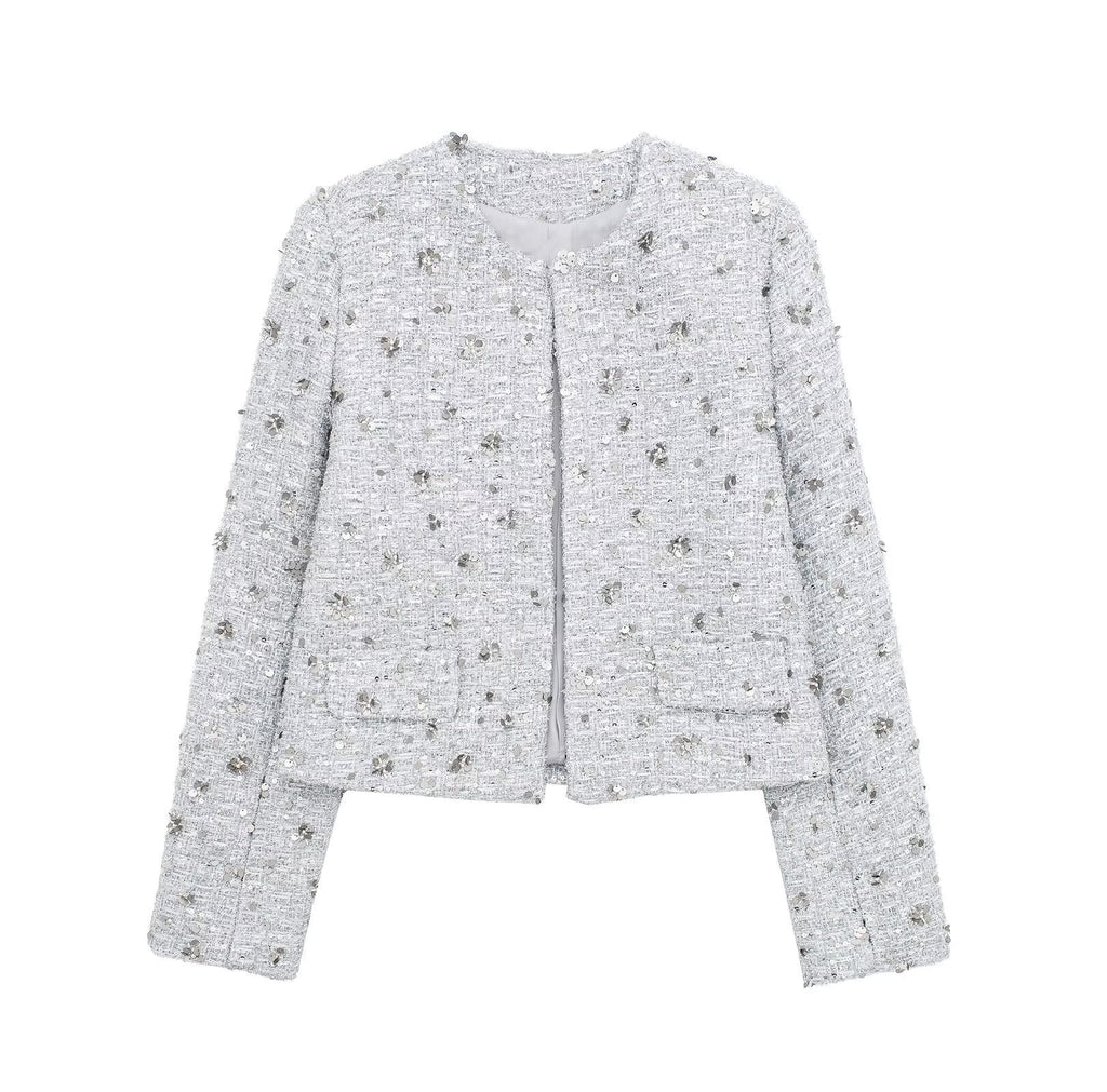 Elegant Tweed Jacket with Sparkling Sequins and Structured Design