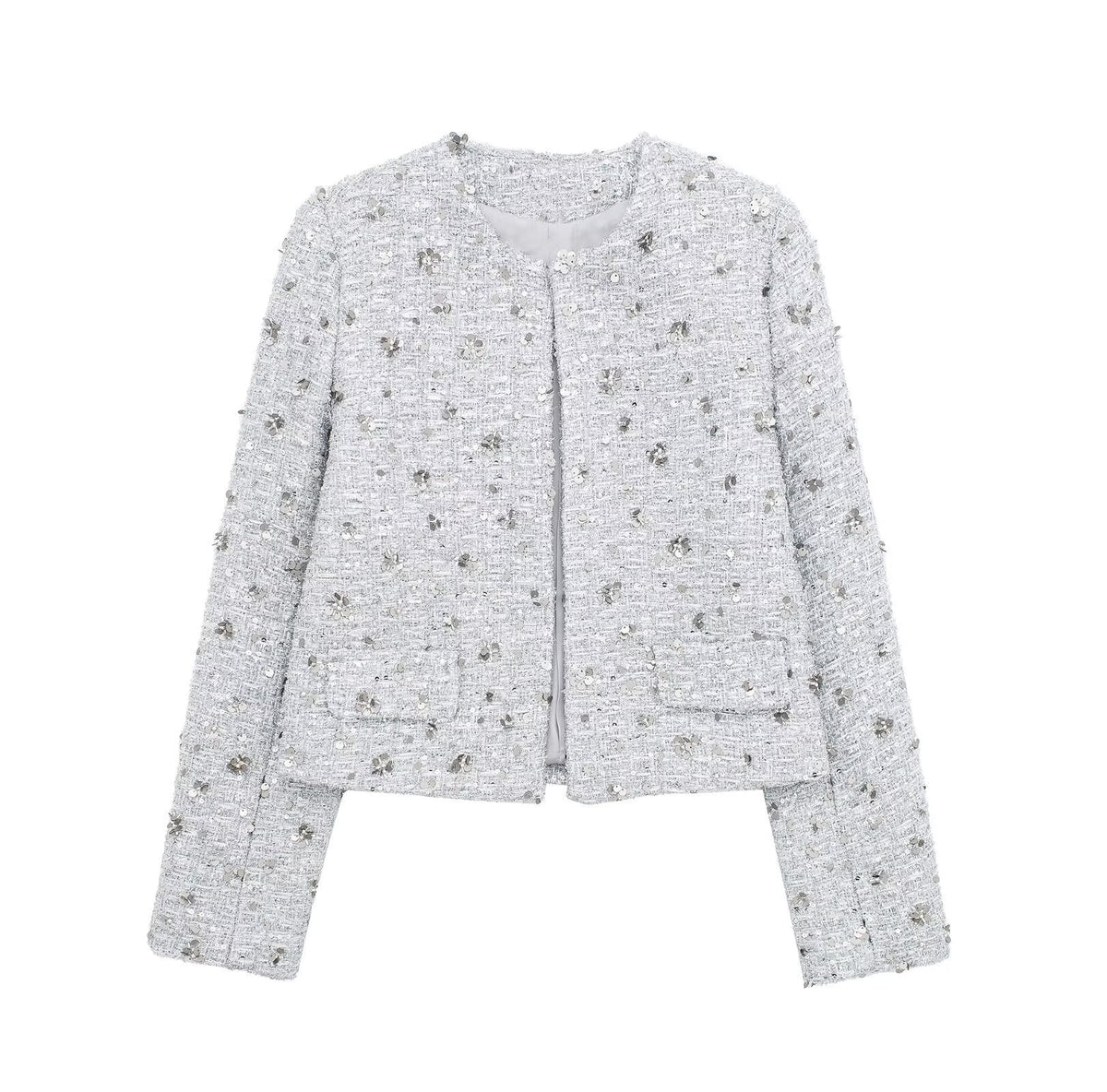Elegant Tweed Jacket with Sparkling Sequins and Structured Design