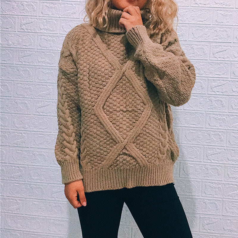 Women's Chunky Knit Sweater with Cable Pattern and High Collar