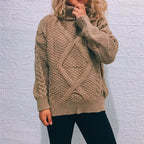 Women's Chunky Knit Sweater with Cable Pattern and High Collar
