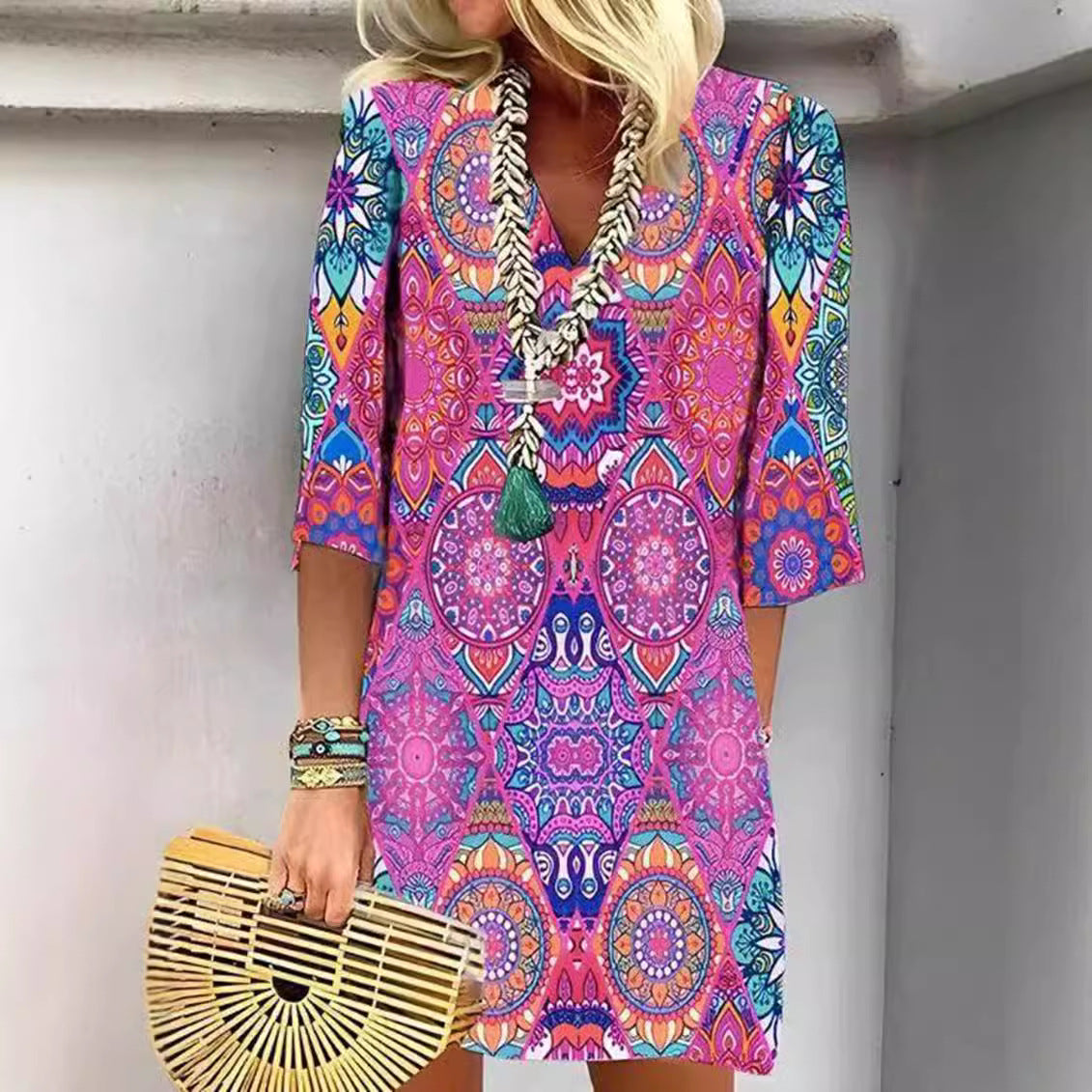 Mandala-Print Shirt Dress with V-Neck