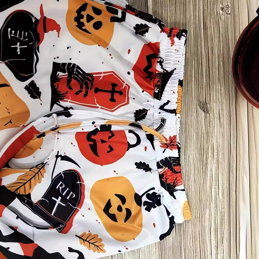 Women's Casual Pants with Colorful Halloween Motif and Elastic Waist
