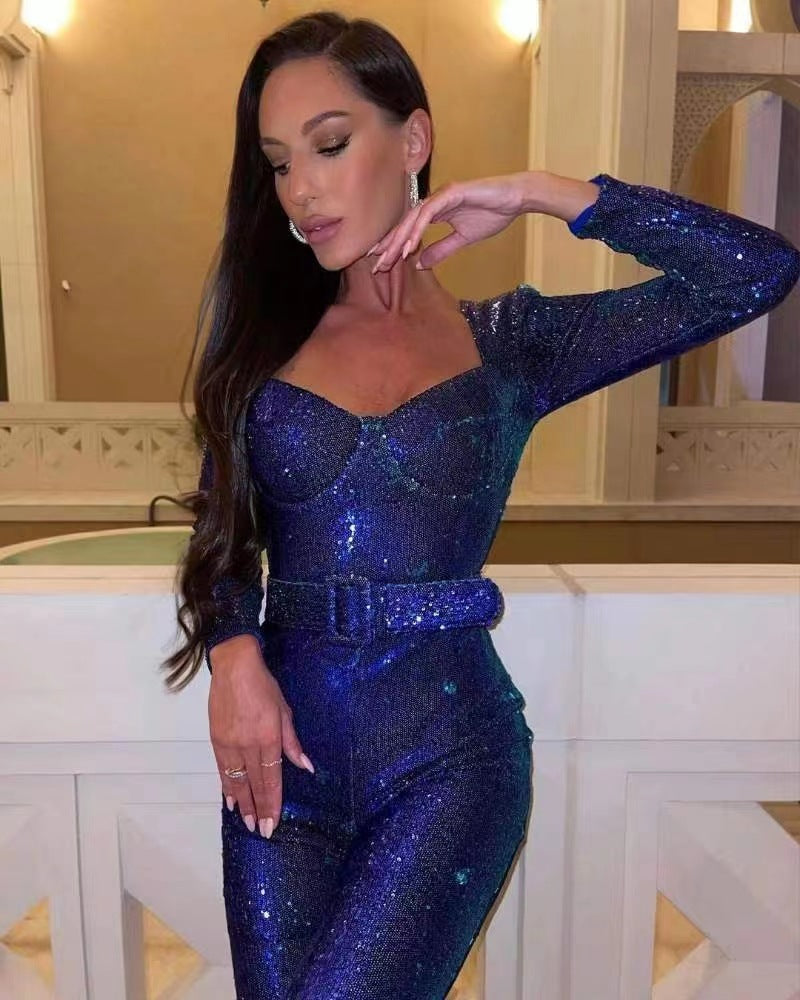 Women's Glamorous Sequin Jumpsuit with Chic Waistline