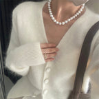 Women's Fluffy Cardigan with V-Neck and Decorative Buttons