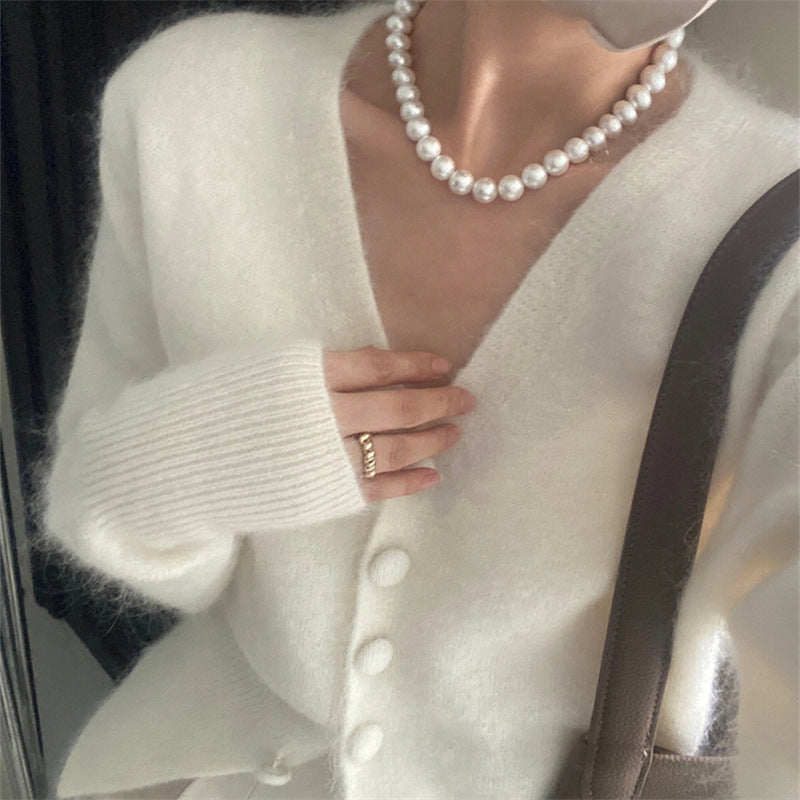 Women's Fluffy Cardigan with V-Neck and Decorative Buttons