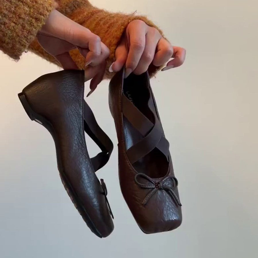 Women's Ballet Flats with Elastic Cross Straps and Decorative Bow Detail