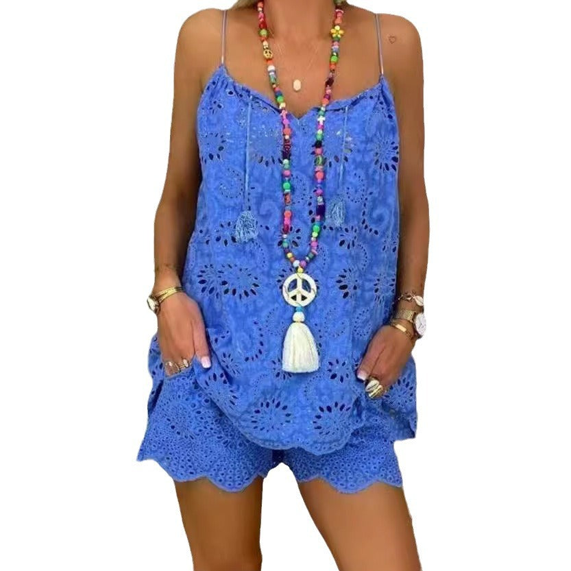 Women's Airy Summer Top with Lace and Matching Shorts