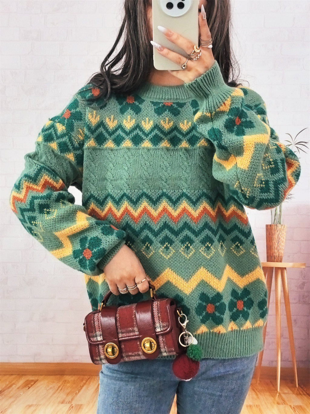 Women's Chunky Knit Sweater with Colorful Zigzag Pattern and Floral Accents