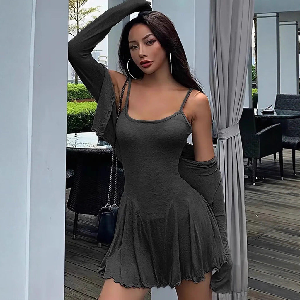Women's Fashionable Top with Ruffles and Short Skirt