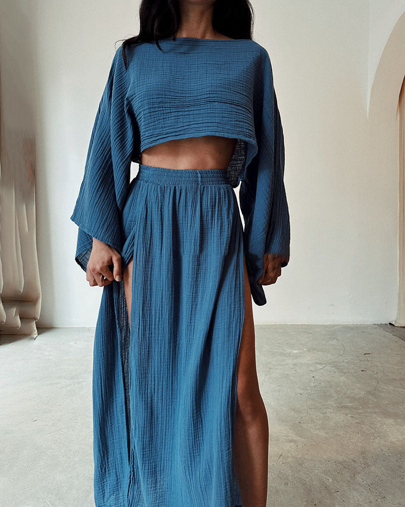 Women's Casual Two-Piece Set with Cropped Top and Maxi Skirt