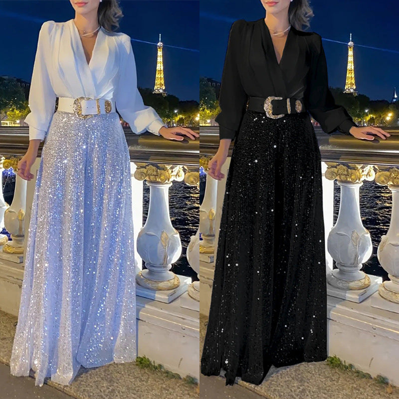 Women's Elegant Sequin Jumpsuit with Long Cut