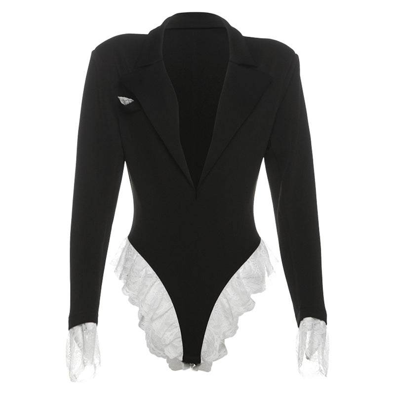 Women's Blazer-Style Bodysuit with Lace Trim