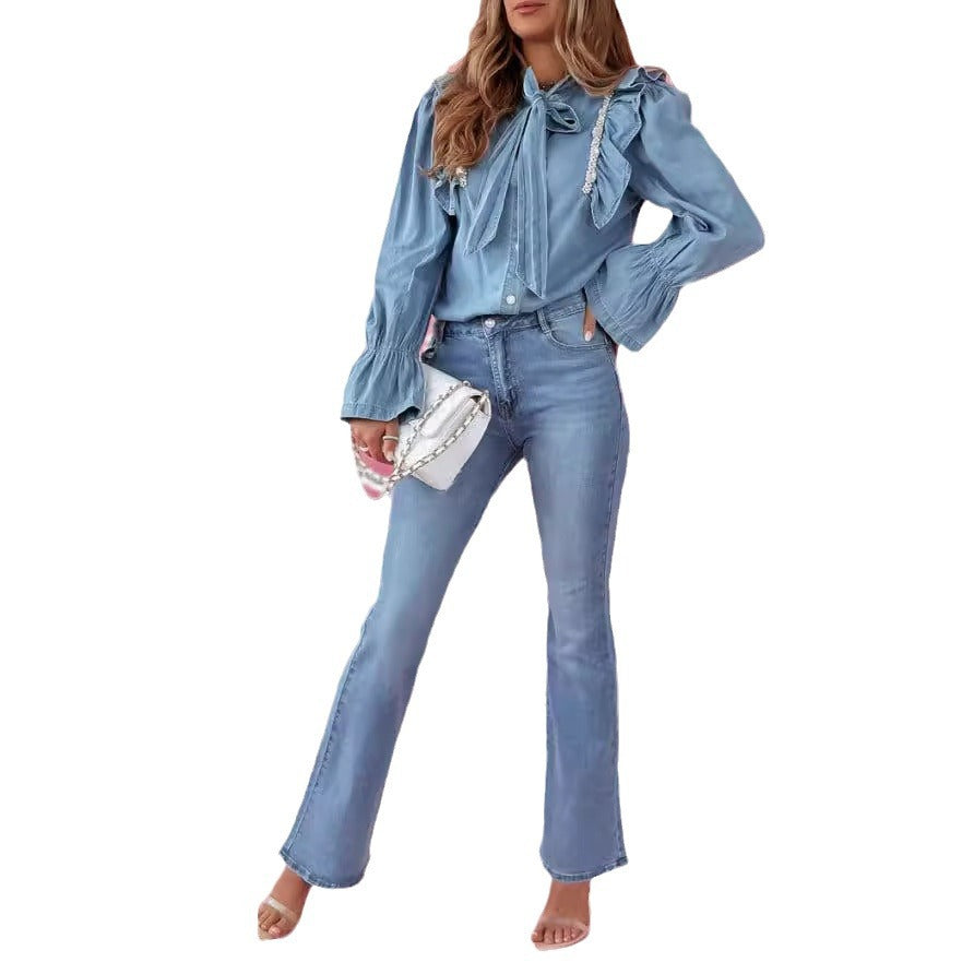 Women's Denim Shirt with Ruffles and Bow Details