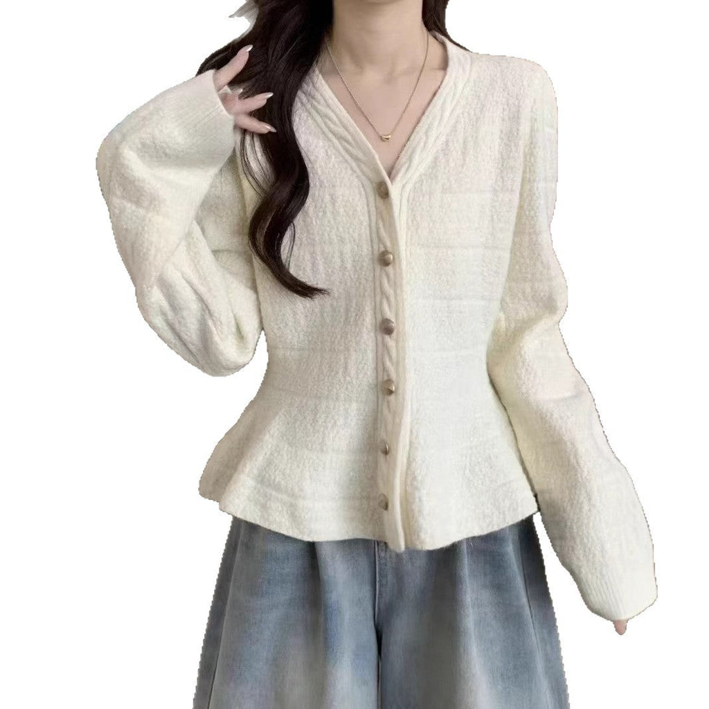 Elegant Knit Cardigan with Textured Design and Puff Sleeves