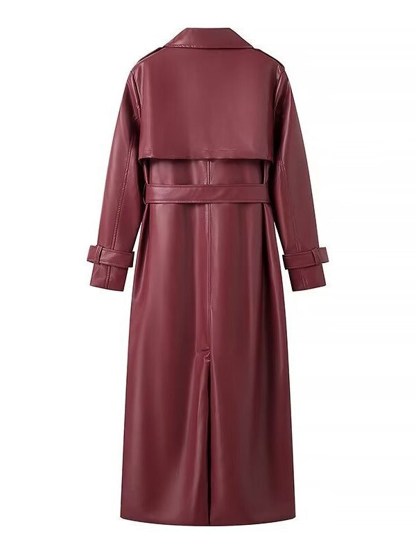 Women's Faux Leather Trench Coat with Belt and Chic Collar