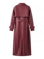 Women's Faux Leather Trench Coat with Belt and Chic Collar