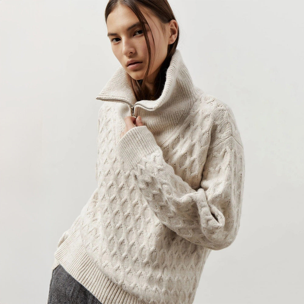 Women's Patterned Knit Sweater with High Collar and Half-Zip