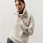 Women's Patterned Knit Sweater with High Collar and Half-Zip