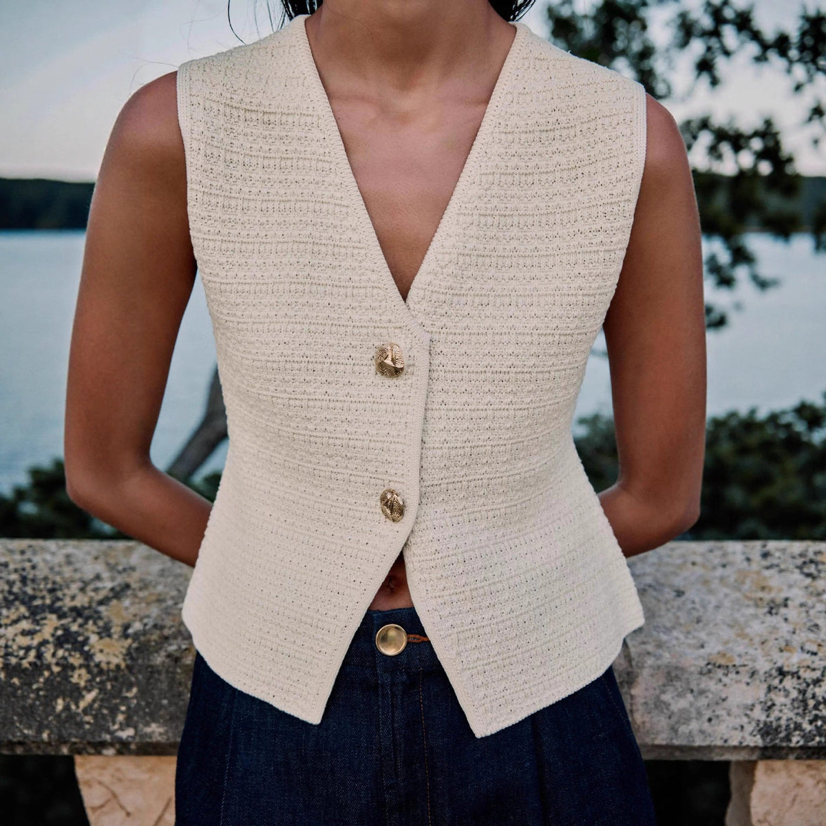 Women's Sleeveless Vest with Decorative Buttons