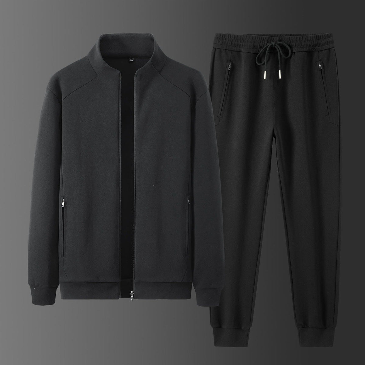 Men's two-piece minimalist jogging set with stand-up collar, two-way zipper & zip pockets