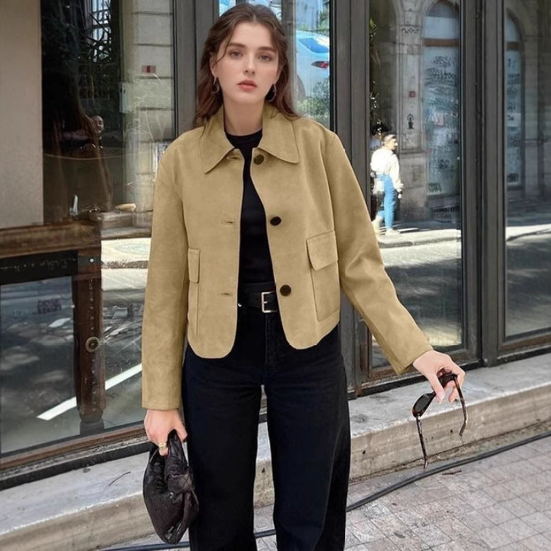 Women's Elegant Suede Jacket with Practical Pockets